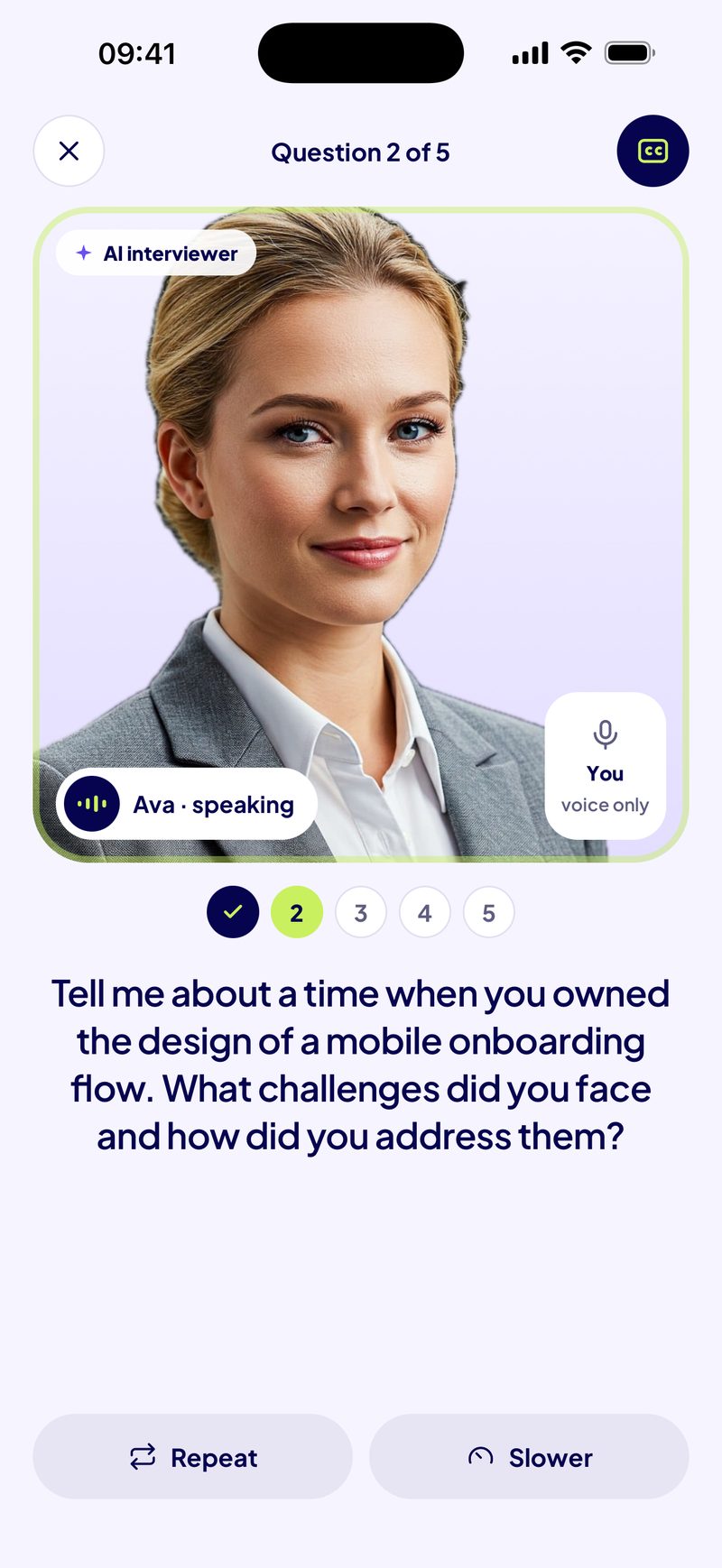 Readyo on iPhone: Ava, an AI interviewer, asks a behavioral question out loud.